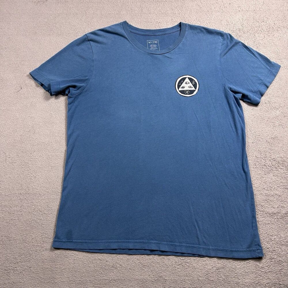 Welcome Skateboard T-Shirt Mens Large Blue Rabbit Hand Skater Streetwear Surreal